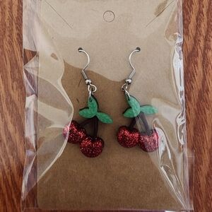 Glitter Cherry Dangle Earrings - Red and Green Stainless-Steel Fishhook Earrings